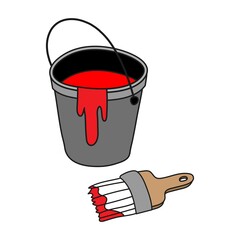 Iron bucket with red paint and a brush.