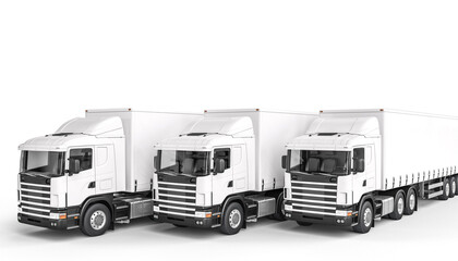 3d render image of 3 white trucks. nobody around. - obrazy, fototapety, plakaty
