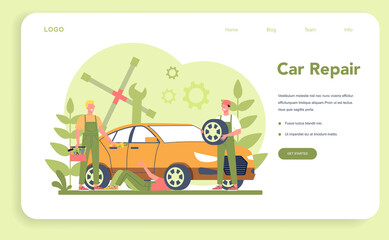 Car service web banner or landing page. People repair car using