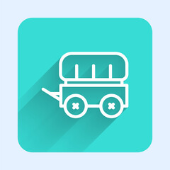 White line Wild west covered wagon icon isolated with long shadow. Green square button. Vector.