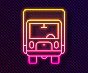 Glowing neon line Delivery cargo truck vehicle icon isolated on black background. Vector.