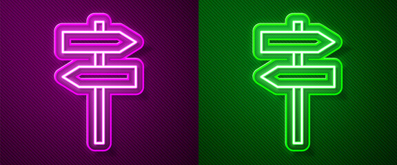 Glowing neon line Road traffic sign. Signpost icon isolated on purple and green background. Pointer symbol. Street information sign. Direction sign. Vector.