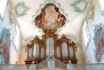 interior view of the historic church of St. Martin in Rheinfelden with the pipe organ