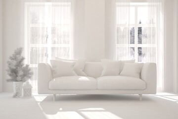 White stylish minimalist room with sofa. Scandinavian interior design. 3D illustration