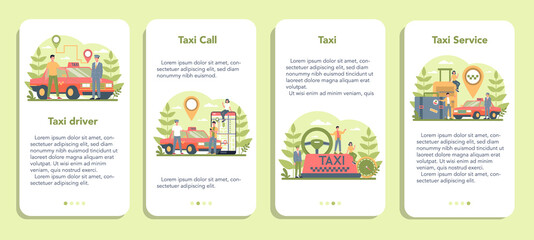 Taxi service mobile application banner set. Yellow taxi car. Automobile