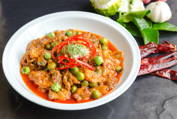 Thai Cuisine beef panang curry,a little spicy with aroma from fresh herbs and coconut cream.