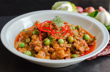 Thai Cuisine beef panang curry,a little spicy with aroma from fresh herbs and coconut cream.