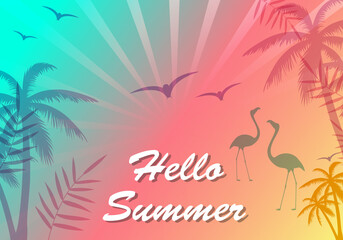 Naklejka premium Hello summer poster. Abstract gradient background, vector. Modern hello summer background for placard, ad, cover, banner, leaflet and flyer template. Creative art concept, vector illustration