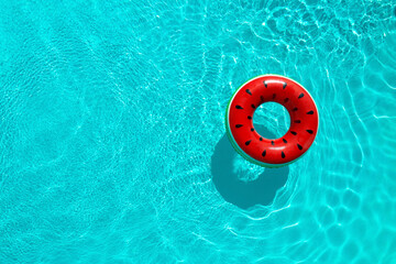 Inflatable ring floating in swimming pool, top view with space for text. Summer vacation