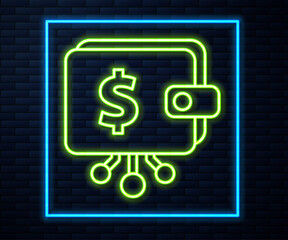 Glowing neon line Cryptocurrency wallet icon isolated on brick wall background. Wallet and bitcoin sign. Mining concept. Money, payment, cash, pay icon. Vector.