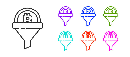 Black line Sales funnel with bitcoin icon isolated on white background. Infographic template. Set icons colorful. Vector.