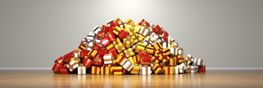 &eacute;norme tas de cadeaux de No&euml;l pos&eacute;s sur un parquet bois - rendu 3D