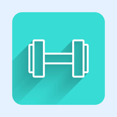 White line Dumbbell icon isolated with long shadow. Muscle lifting icon, fitness barbell, gym, sports equipment, exercise bumbbell. Green square button. Vector.