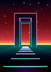 Neon 80s styled massive gate in retro game landscape with shiny road to the future