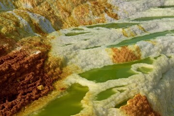 Salt ponds, bubbling chimneys and salt terraces form the bottom of the volcanic crater Dallol, Ethiopia: The Hottest Place on Earth,Danakil Depression,North Ethiopia,Africa