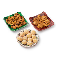 Dish with Moroccan festive homemade chebakia and coconut cookies