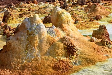 Salt ponds, bubbling chimneys and salt terraces form the bottom of the volcanic crater Dallol, Ethiopia: The Hottest Place on Earth,Danakil Depression,North Ethiopia,Africa