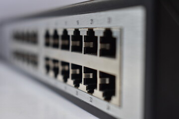 network hub and patch panel, smart ethernet switch 24 ports - obrazy, fototapety, plakaty