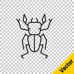 Black line Beetle deer icon isolated on transparent background. Horned beetle. Big insect. Vector.