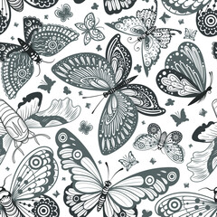 Vector Black and White Butterfly Seamless Pattern
