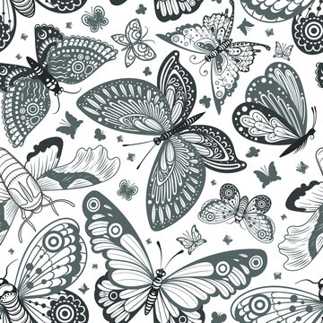 Vector Black and White Butterfly Seamless Pattern