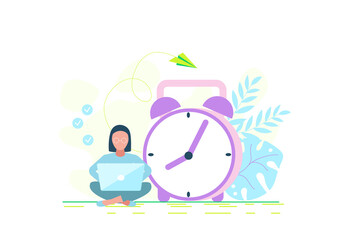 Time management. Illustration of a woman working on a laptop near the big clock. Image of a girl sitting with a laptop near the big clock