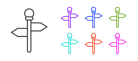 Black line Road traffic sign. Signpost icon isolated on white background. Pointer symbol. Street information sign. Direction sign. Set icons colorful. Vector.