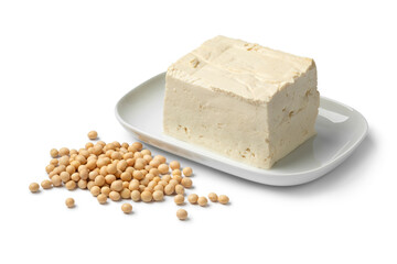 Piece of fresh firm tofu and dried soy beans