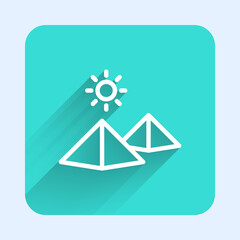 White line Egypt pyramids icon isolated with long shadow. Symbol of ancient Egypt. Green square button. Vector.