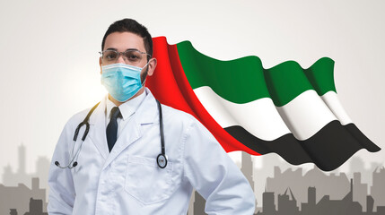 Arab Emirati Doctor with mask and UAE flag cape hero, fight against coronavirus pandemic concept .