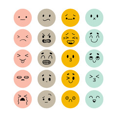 Set of hand drawn funny smiley faces. Sketched facial expressions set. Collection of cartoon emotional characters. Happy kawaii style. Emoji icons
