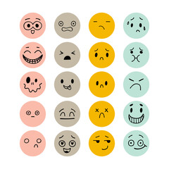 Set of hand drawn funny smiley faces. Sketched facial expressions set. Emoji icons. Collection of cartoon emotional characters. Happy kawaii style