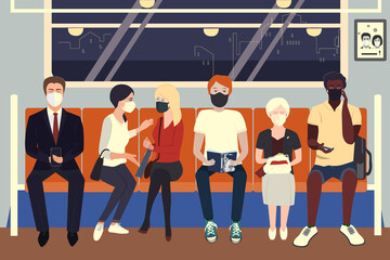 People wearing protective medical masks sitting in subway. COVID-19 virus prevention, people social distancing for infection risk. Vector illustration