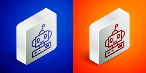 Isometric line Robot toy icon isolated on blue and orange background. Silver square button. Vector.