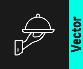 White line Covered with a tray of food icon isolated on black background. Tray and lid sign. Restaurant cloche with lid. Vector.