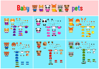 Fototapeta na wymiar set of cute Baby Pets with details for animation