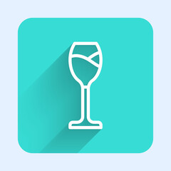 White line Wine glass icon isolated with long shadow. Wineglass icon. Goblet symbol. Glassware sign. Happy Easter. Green square button. Vector.