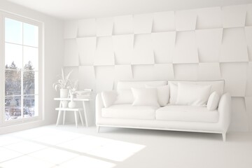 White stylish minimalist room with sofa and winter landscape in window. Scandinavian interior design. 3D illustration