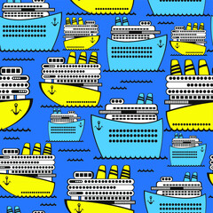 Seamless vector pattern of sea cruise ships on a blue background.  - 362946063