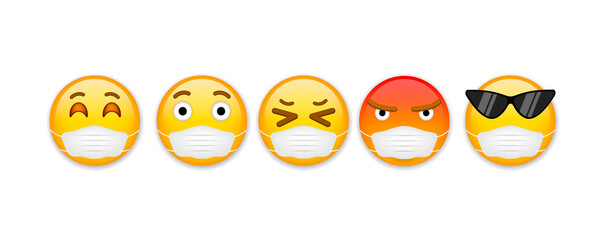Emoji in face mask set. Social media reactions with medical mask covering mouths. Vector clip art illustration.