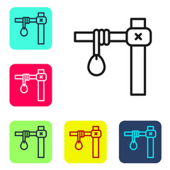 Black line Gallows rope loop hanging icon isolated on white background. Rope tied into noose. Suicide, hanging or lynching. Set icons in color square buttons. Vector.