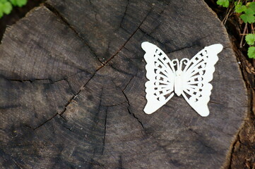 Toy butterfly in the forest on a wooden background.