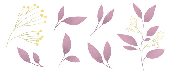 Set of pink leaves. Elements of the plant. Part of the tree, decor, wedding, holiday, autumn.