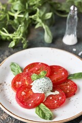 salad with tomatoes and basil ice cream. restaurant serving.