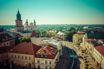 Fototapeta na wymiar Lublin. Poland. Aerial view of old town. Touristic city center of Lublin bird's eye view. Popular tourist destinations from above.