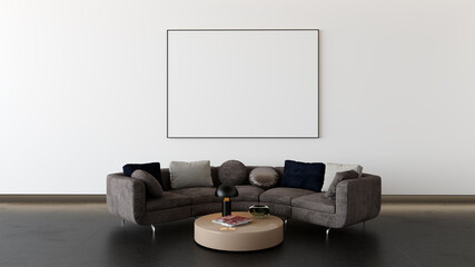 empty white mockup picture frame above rounded sofa and coffee table, 3D illustration background concept