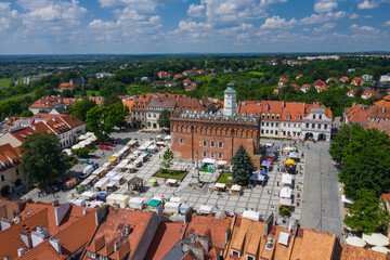 Naklejka premium Sandomierz, Poland. Aerial view of medieval old town with town hall tower, gothic cathedral.