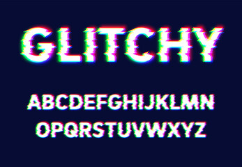 Realistic glitch font set, vector illustration