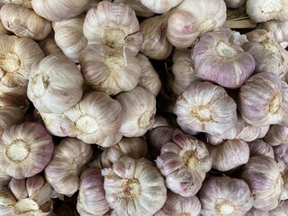 pile of white garlic heads at the market in Thailand