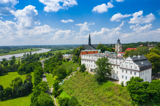 Sandomierz, Poland. Aerial view of medieval old town with town hall tower, gothic cathedral.